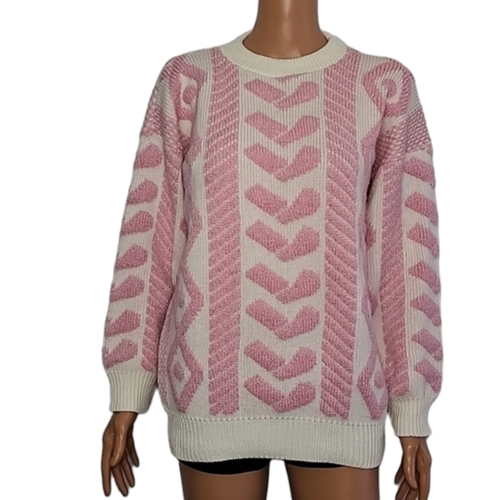 Spunky Metallic‎ Pink/White Sweater Womens S/M Mock Neck  Hearts print Knit Top